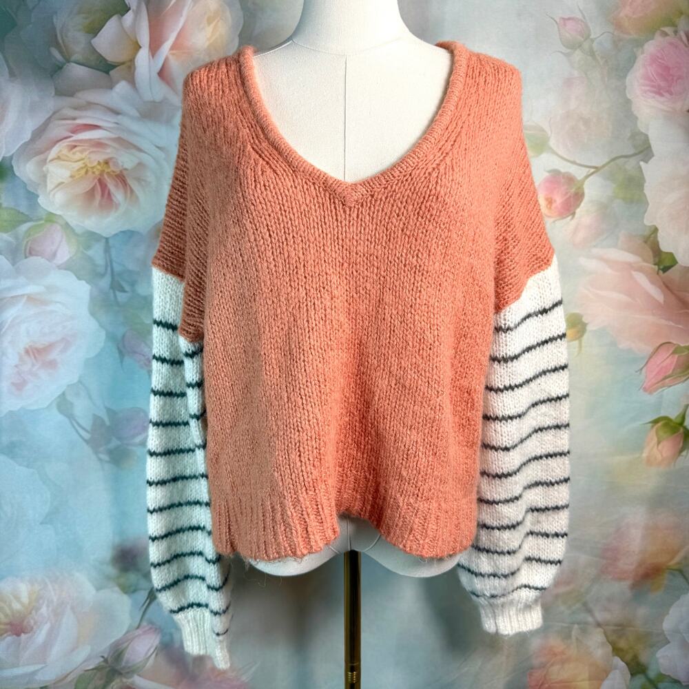 Madewell Balloon Striped Sleeve Knit Colorblock Pullover Sweater